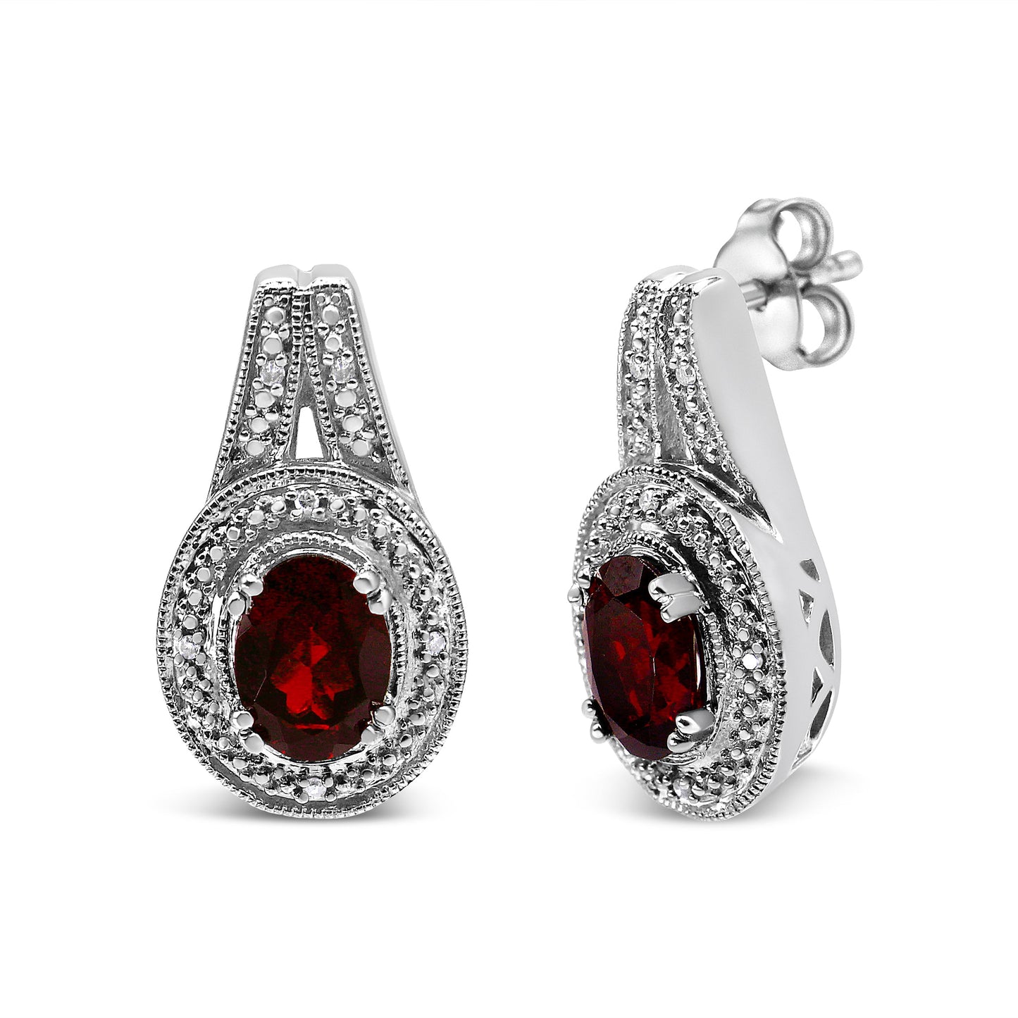 Pendientes de Plata Fina de .925 con Acentos de Diamante y Granate Rojo Ovalado de 8x6mm (Color I-J, Claridad I1-I2)
