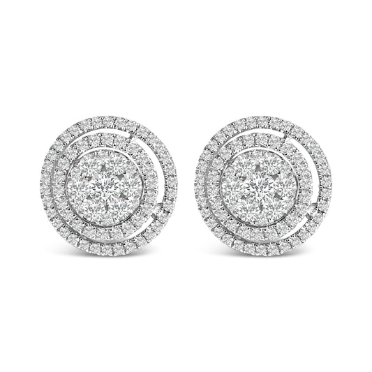 Aretes de botón tipo racimo y doble halo con diamante de 1.3/8 quilates de oro de 14K (color G-H, claridad SI1-SI2)