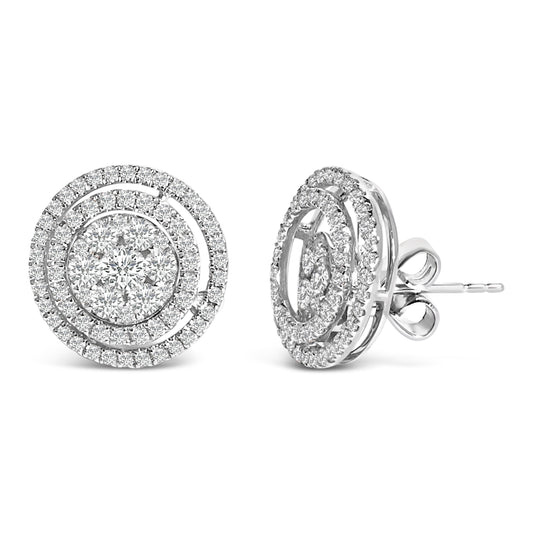 Aretes de botón tipo racimo y doble halo con diamante de 1.3/8 quilates de oro de 14K (color G-H, claridad SI1-SI2)