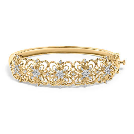 Pulsera de estilo vintage con diseño floral y diamantes de 1,00 Cttw en oro de 14K (color H-I, claridad SI1-SI2) - 7.75 pulgadas