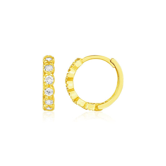 14k Yellow Gold Petite Hoop Earrings with Round Cubic Zirconias - view 2