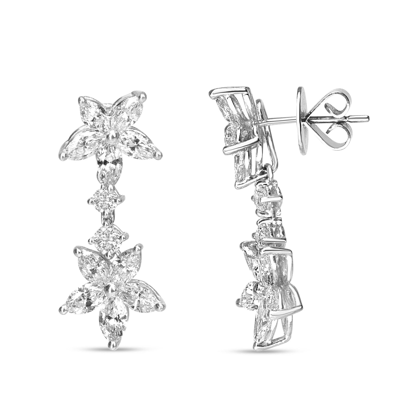Pendientes colgantes florales de marquesa con diamantes de oro blanco de 18k y 6.0 Cttw (color E-F, claridad VS1-VS2)