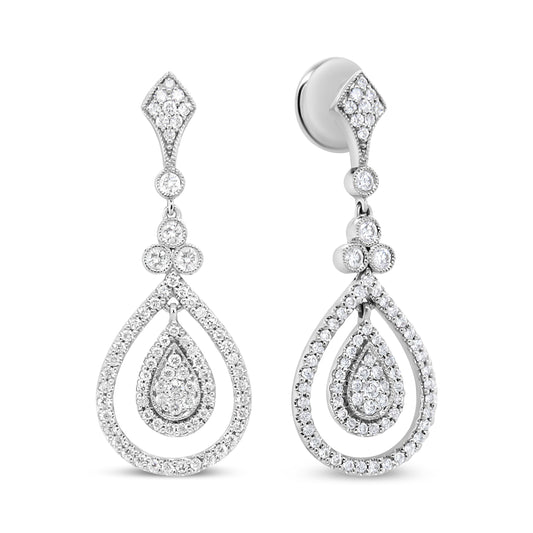 Pendientes colgantes con forma de lágrima calada de oro blanco de 18K con diamantes redondos de 1,25 qt (Color F-G, Claridad VS1-VS2)