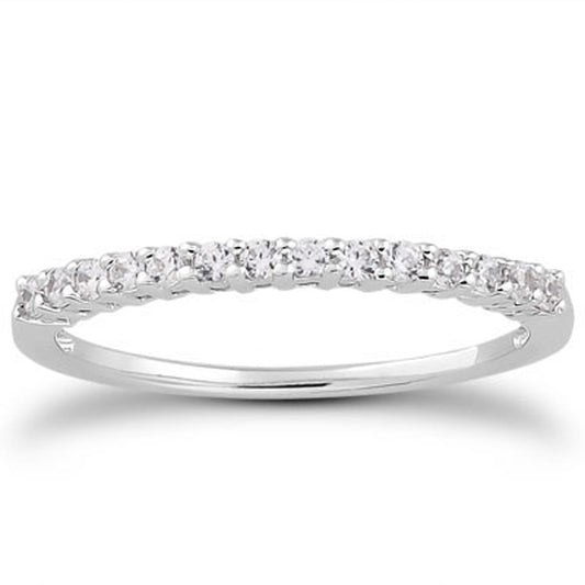 Alianza de boda de oro blanco de 14k con diamantes engastados en garras compartidas y galería tipo "airline"