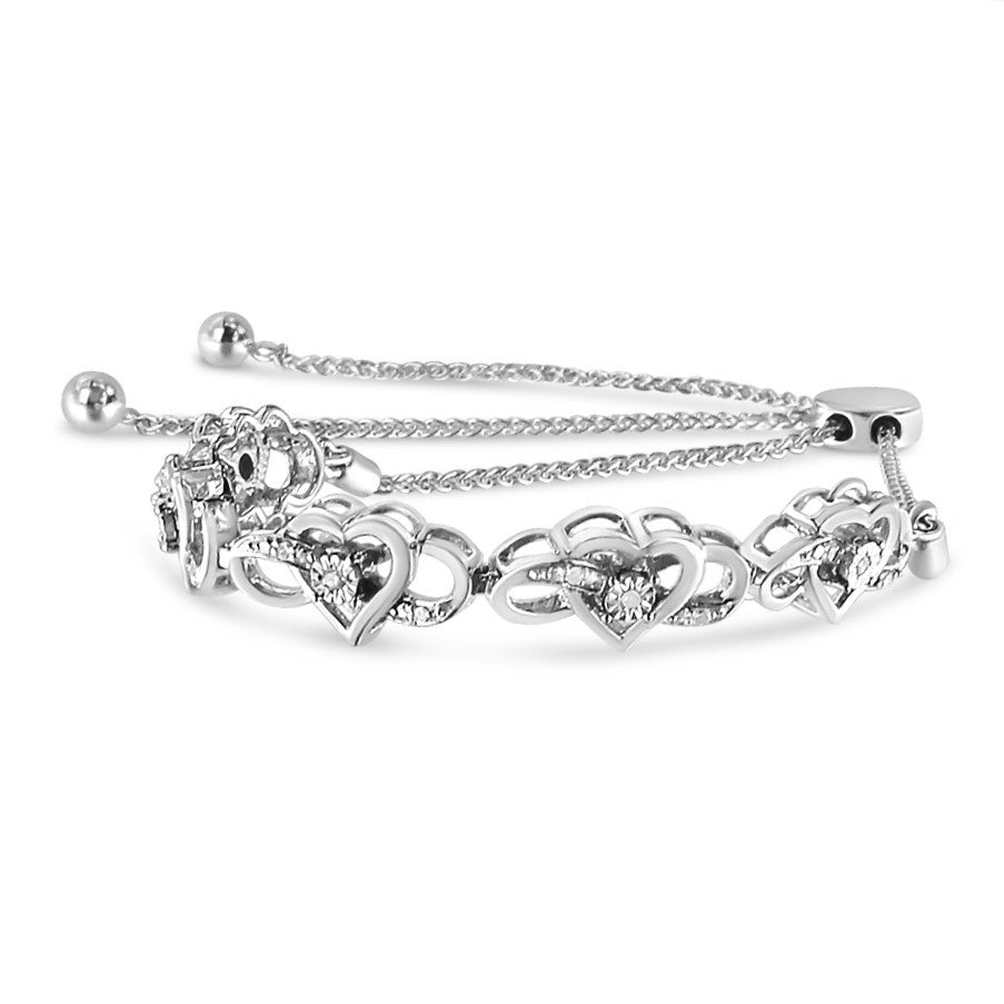 Pulsera Bolo de Tenis Ajustable de Plata Fina .925 con Acentos de Diamantes en Infinito Entrelazado y Corazón de 4" a 10" (Color H-I, Claridad I2-I3)