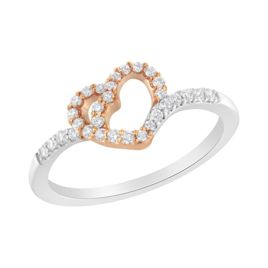 Anillo de promesa o moda con corazón abierto de dos tonos de oro rosa de 10K sobre plata de ley .925 con diamante de 1/5 Cttw (color I-J, claridad I2-I3) - Talla 6