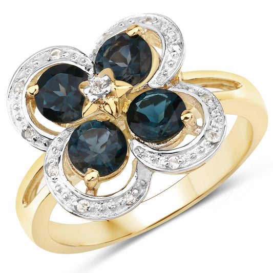 Anillo de plata de ley .925 con topacio azul de Londres y topacio blanco genuino de 1,76 quilates