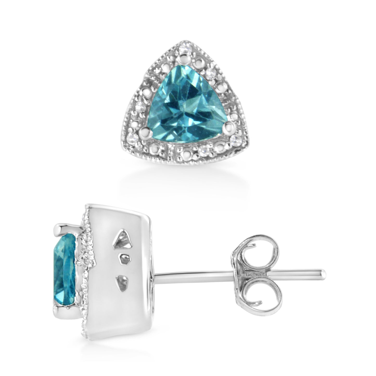 Aretes de oro blanco de .925 con topacio azul de corte trillón de 6x6 mm y acento de diamante (color I-J, claridad I1-I2)