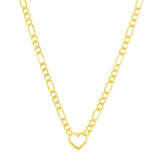 Collar de cadena Figaro de oro amarillo de 14k con corazón