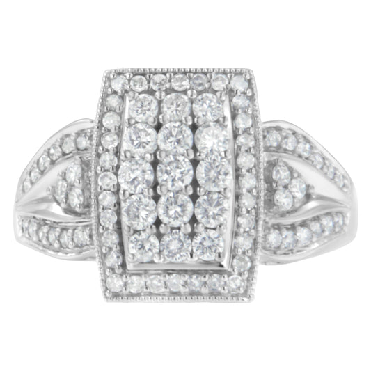 Anillo de moda tipo cóctel en oro blanco de 10K con diamantes de 1,0 Cttw, forma rectangular de cojín, halo de racimo y banda acampanada (color H-I, claridad SI2-I1) - Talla 7