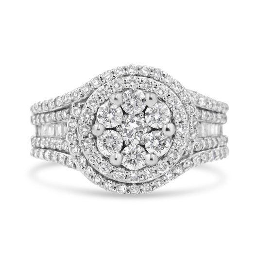 Anillo de oro blanco de 14 quilates con racimo floral de diamantes de 1 1/2 quilates y halo con vástago tachonado (color H-I, claridad SI2-I1) - Talla 7