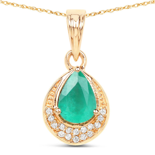 Colgante de oro amarillo de 14K con esmeralda zambiana auténtica de 0,89 quilates y diamantes blancos