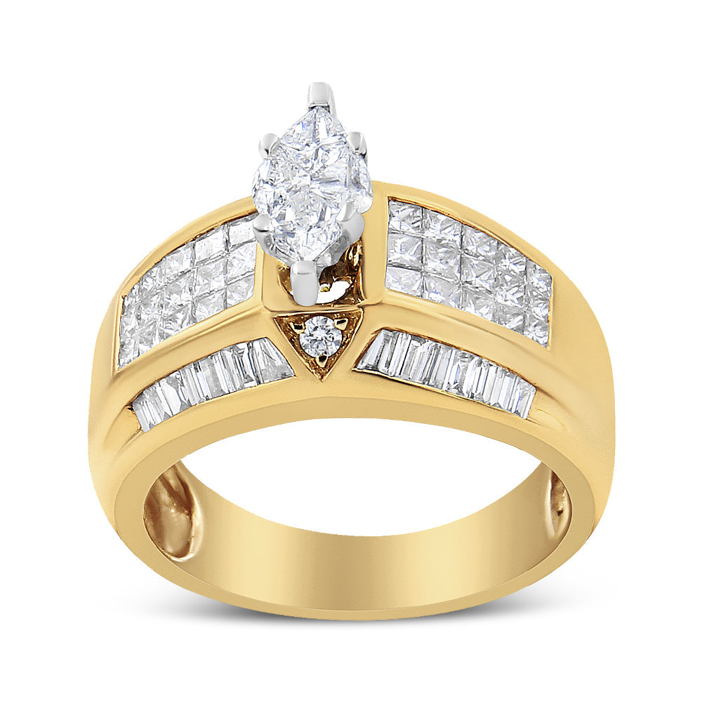 Anillo de oro amarillo y blanco de 14 quilates con diamantes redondos, baguettes, de talla princesa y de talla pie con un peso total de 1,75 quilates (color H-I, claridad SI1-SI2)