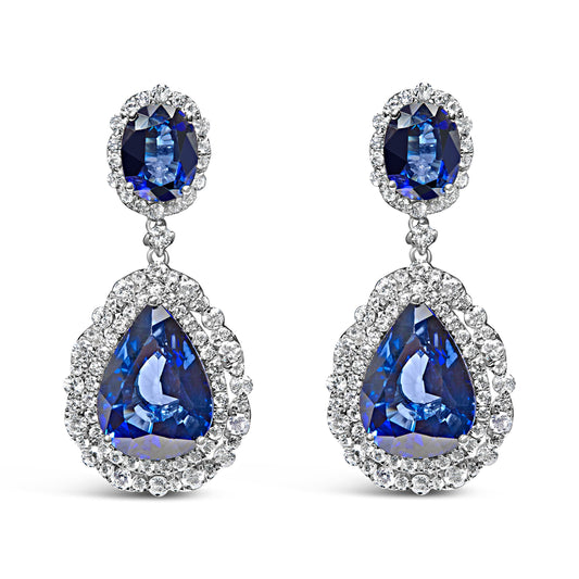 Pendientes colgantes de oro blanco de 18K con zafiro azul de 2 3/4 Cttw y halo de diamantes (color G-H, claridad SI1-SI2)