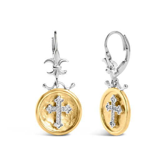 Pendientes colgantes y de gota de medallón con acabado martillado de diamantes de 1/8 Cttw de plata esterlina .925 bañados en oro amarillo de 18K (color I-J, claridad SI1-SI2)