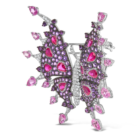 Broche de mariposa de oro blanco de 18K con diamantes, rubíes, zafiros y amatistas, con un total de 1,00 quilates (color G-H, claridad VS1-VS2)