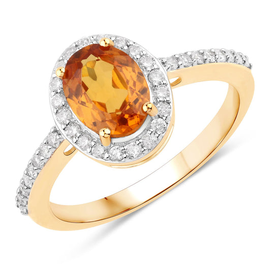 Anillo de oro amarillo de 14K con granate espessartita auténtico de 1.66 quilates y diamantes blancos