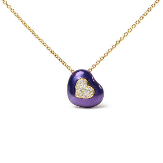 Collar con colgante de corazón de oro amarillo de 18 quilates con esmalte azul y diamantes redondos pavé de 1/10 Cttw (color G-H, claridad SI1-SI2) - Ajustable de 16" a 18"
