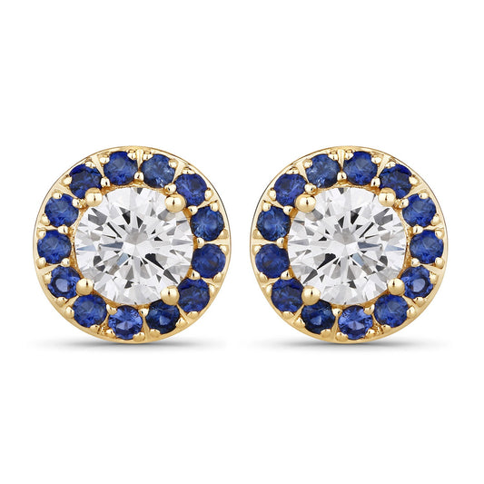 Pendientes de oro amarillo de 14 quilates con zafiro azul natural de 1.52 quilates y diamantes creados en laboratorio