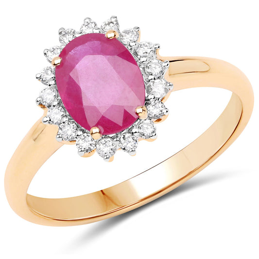 Anillo de oro amarillo de 14K con rubí genuino de 1.48 quilates y diamantes blancos