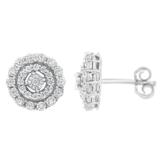 Pendientes de oro blanco de 10 quilates con doble halo de diamantes redondos talla brillante de 0,50 quilates en total (claridad I-J, color I2-I3)