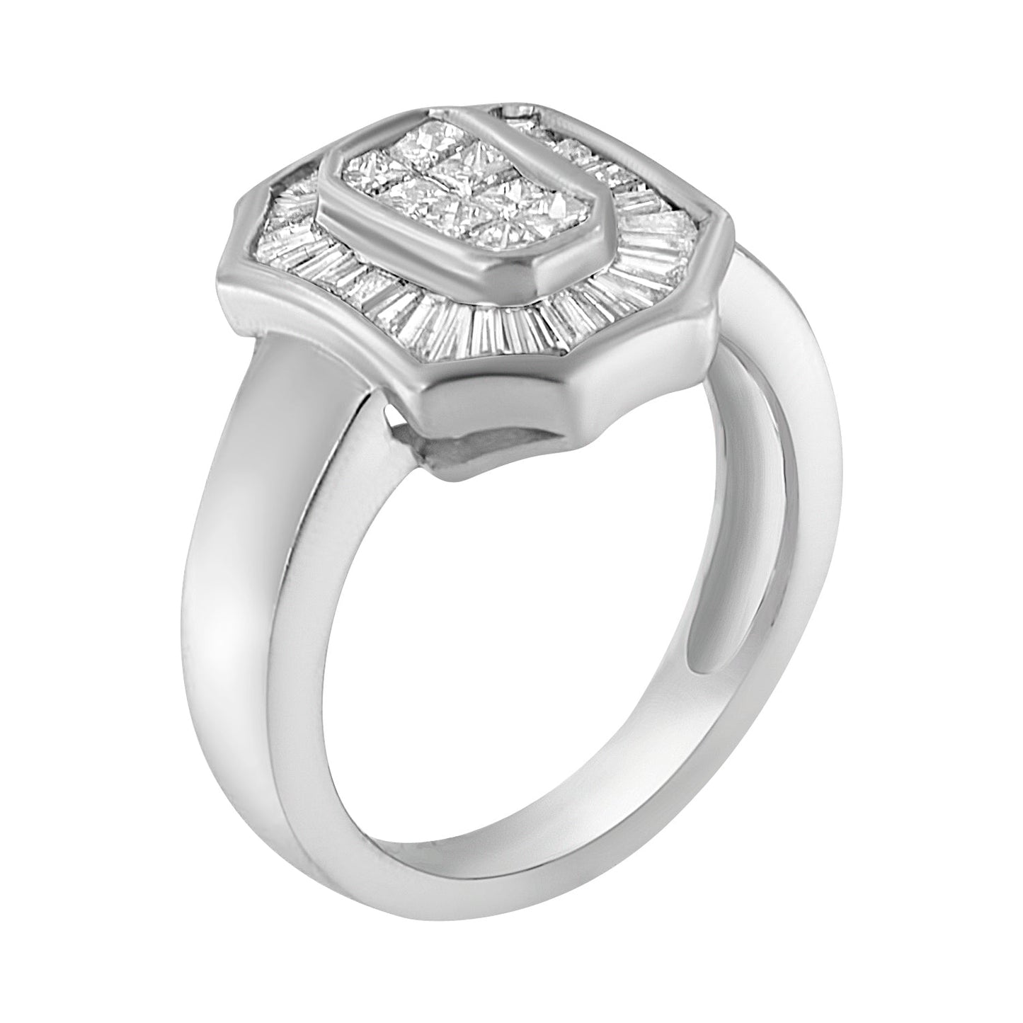 Anillo de estilo Art Déco tipo cóctel de oro blanco de 14K con diamantes baguette y de talla princesa de 1,00 qt (color H-I, claridad SI1-SI2) - Talla 7