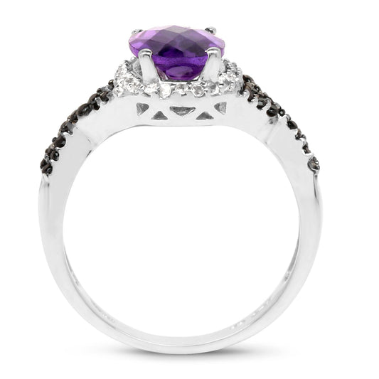 Anillo de Plata Fina .925 con Amatista Genuina de 1.64 Quilates, Diamante Negro y Diamante Blanco
