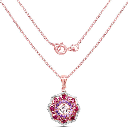 Colgante de plata de ley 925 con baño de oro rosa de 14 quilates, morganita, rodolita y amatista auténticas de 2,30 quilates