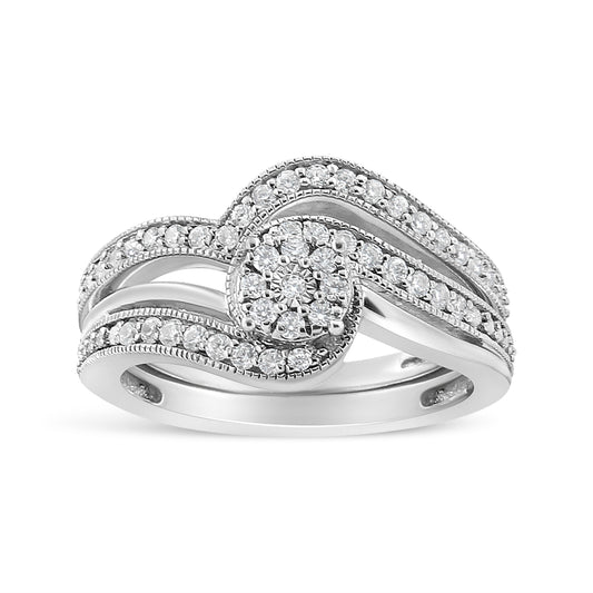 Anillo y banda de plata esterlina .925 de 1/3 ct. Cttw. con múltiples diamantes, estilo vintage, con bypass (color I-J, claridad I3) - Talla 7