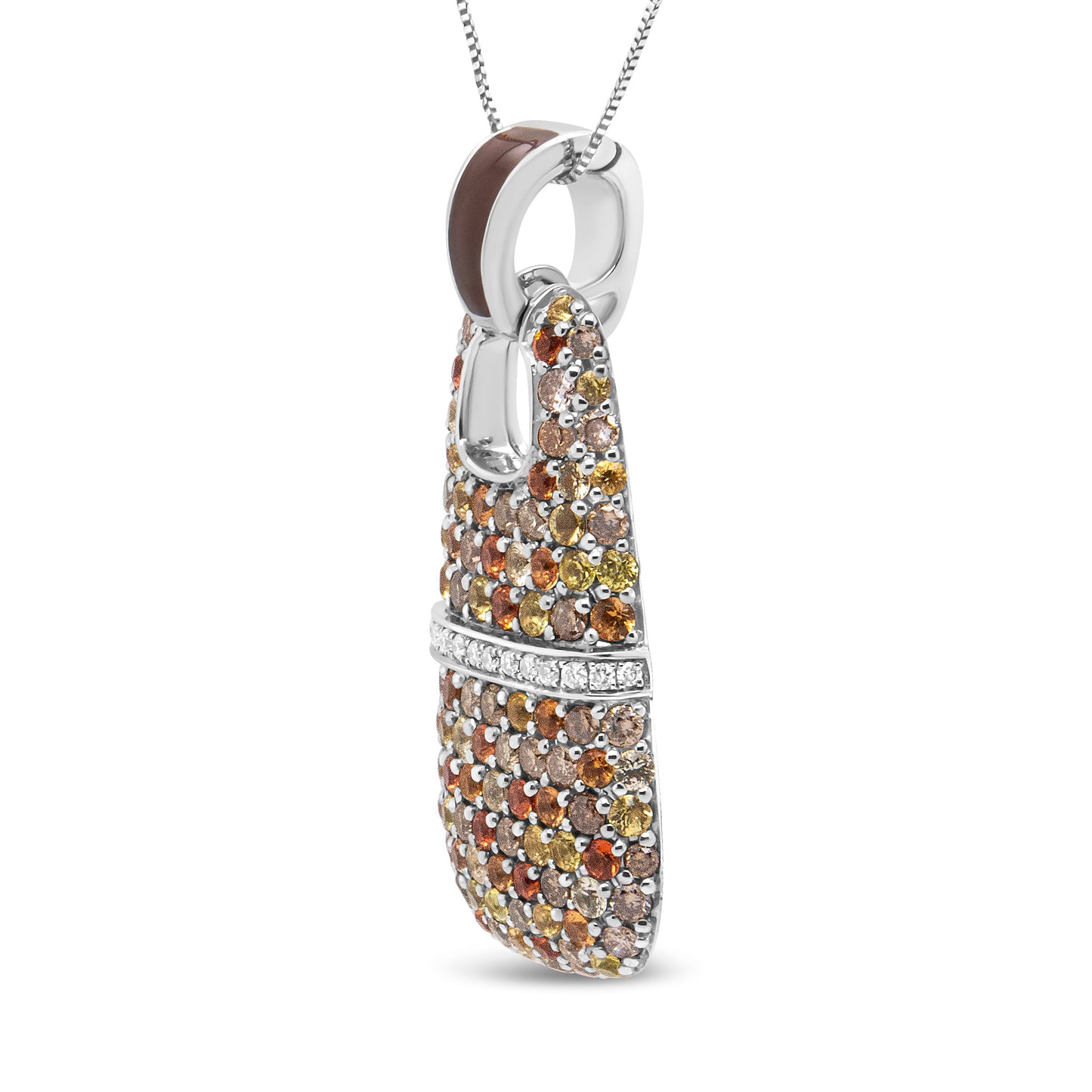 Collar de plata de ley .925 con colgante de esmalte marrón, 1 quilate total de diamantes blancos y marrones y piedras preciosas de zafiro amarillas y naranjas de 1.5mm, 18" (Color marrón y F-G, Claridad VS1-VS2)