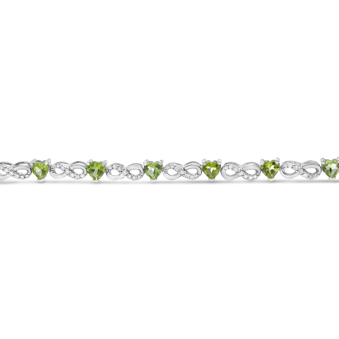 Brazalete de eslabones infinitos de plata de ley .925 con 1.00 Cttw de diamantes y peridoto verde de 4.00mm creado en laboratorio en forma de corazón (color I-J, claridad I2-I3) - 7.25"