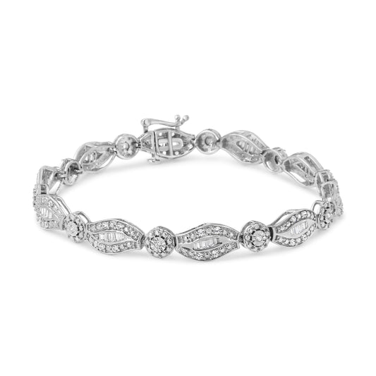 Brazalete de plata de ley .925 con diseño de doble hoja y engaste de bisel con 1 quilate total de diamantes (Claridad I-J, Color I2-I3) - Talla 7.25"