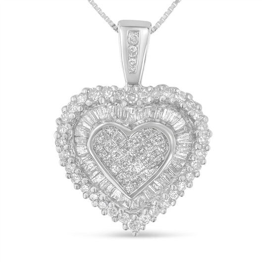 Collar con colgante de corazón de oro blanco de 10 K con diamantes de 1 ct. en total, talla múltiple (H-I, I1-I2)