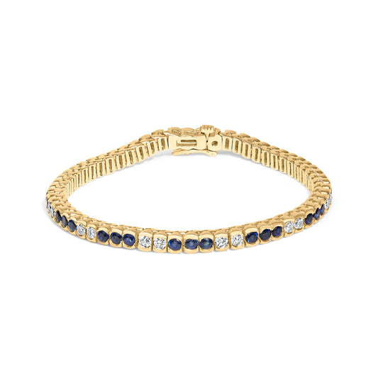 Pulsera de tenis de oro amarillo de 14 quilates con diamantes de 1 3/4 quilates en total y zafiros azules de 5.0 quilates en total engastados (color G-H, claridad SI1-SI2) - 17.78 cm