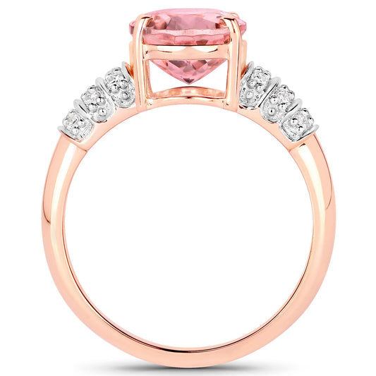 Anillo de oro rosa de 14K con turmalina rosa natural de 3,11 quilates y diamantes blancos