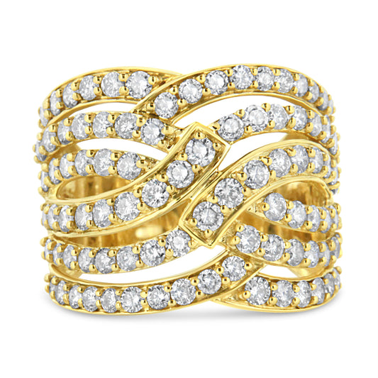 Anillo de cóctel con banda ondulada de varias filas de oro amarillo de 10 K y diamantes de 3,00 quilates (color J-K, claridad I1-I2) - Talla 7