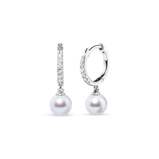 Pendientes de aro colgantes de oro blanco de 10K con perlas cultivadas de agua dulce de 6x6 MM y acento de diamante (Color H-I, Claridad I1-I2)