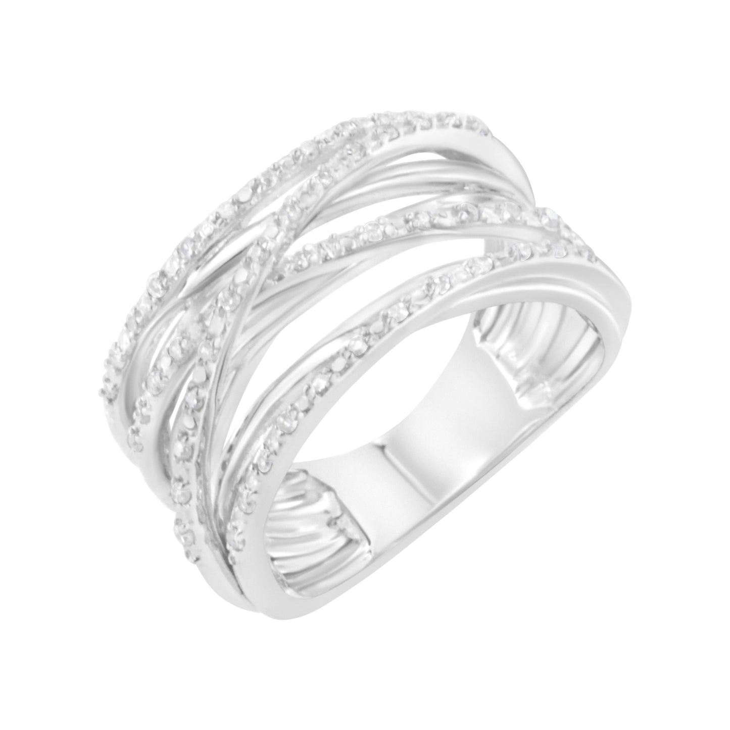 Anillo de derivación de plata de ley .925 con diamantes redondos de 1/4 Cttw engarzados en garra (color I-J, claridad I1-I2) - Talla 7