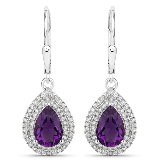 Aretes de amatista genuina de 2,77 quilates y diamantes blancos en plata de ley .925