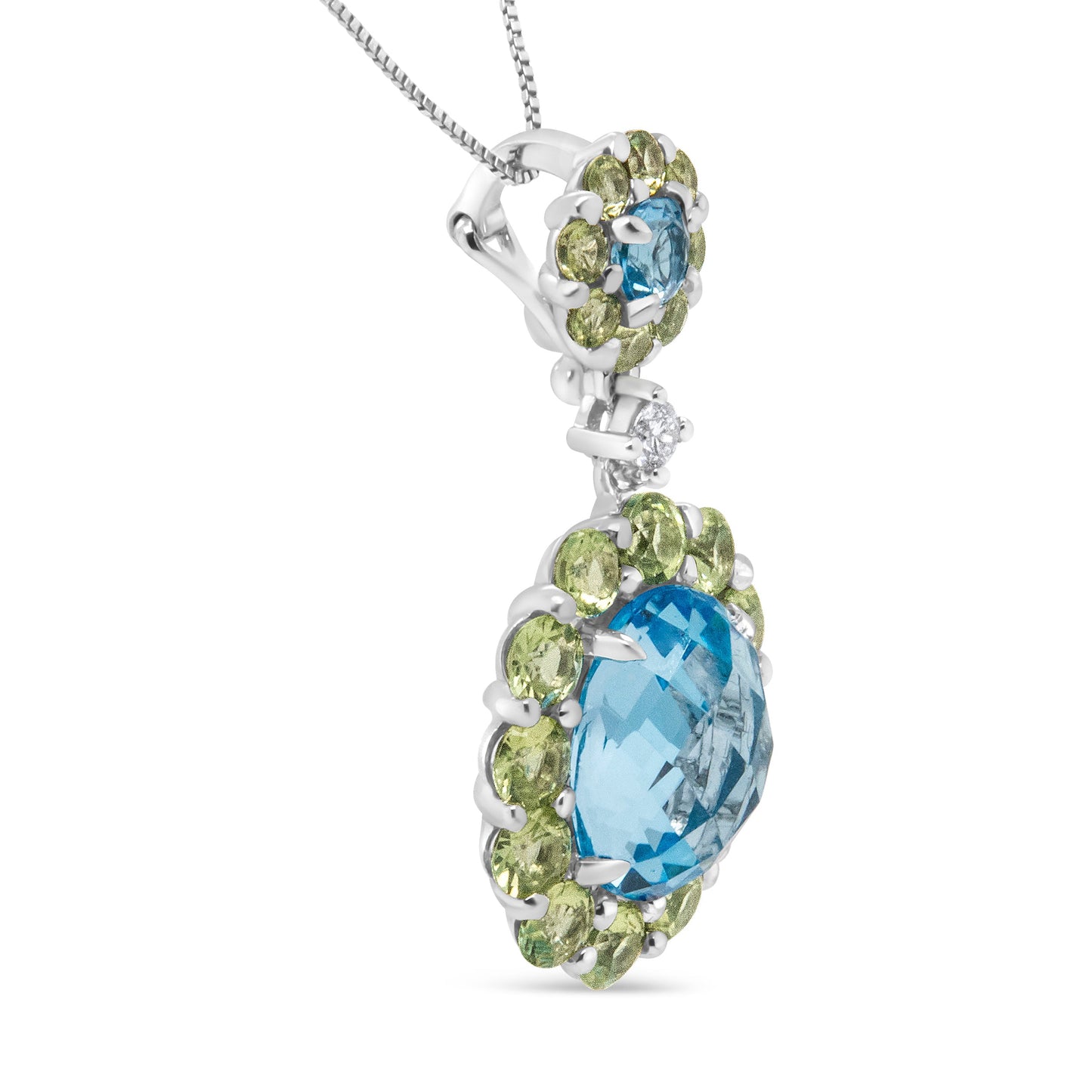 Collar con colgante de oro blanco de 18k con halo de diamantes redondos de 0.05 Cttw, topacio azul y peridoto verde de 45.72 cm (color F-G, claridad VS1-VS2)