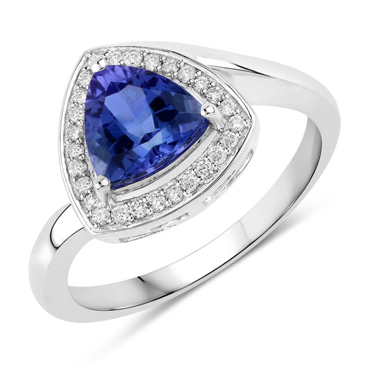 Anillo de oro blanco de 14K con tanzanita genuina de 1,48 quilates y diamantes blancos