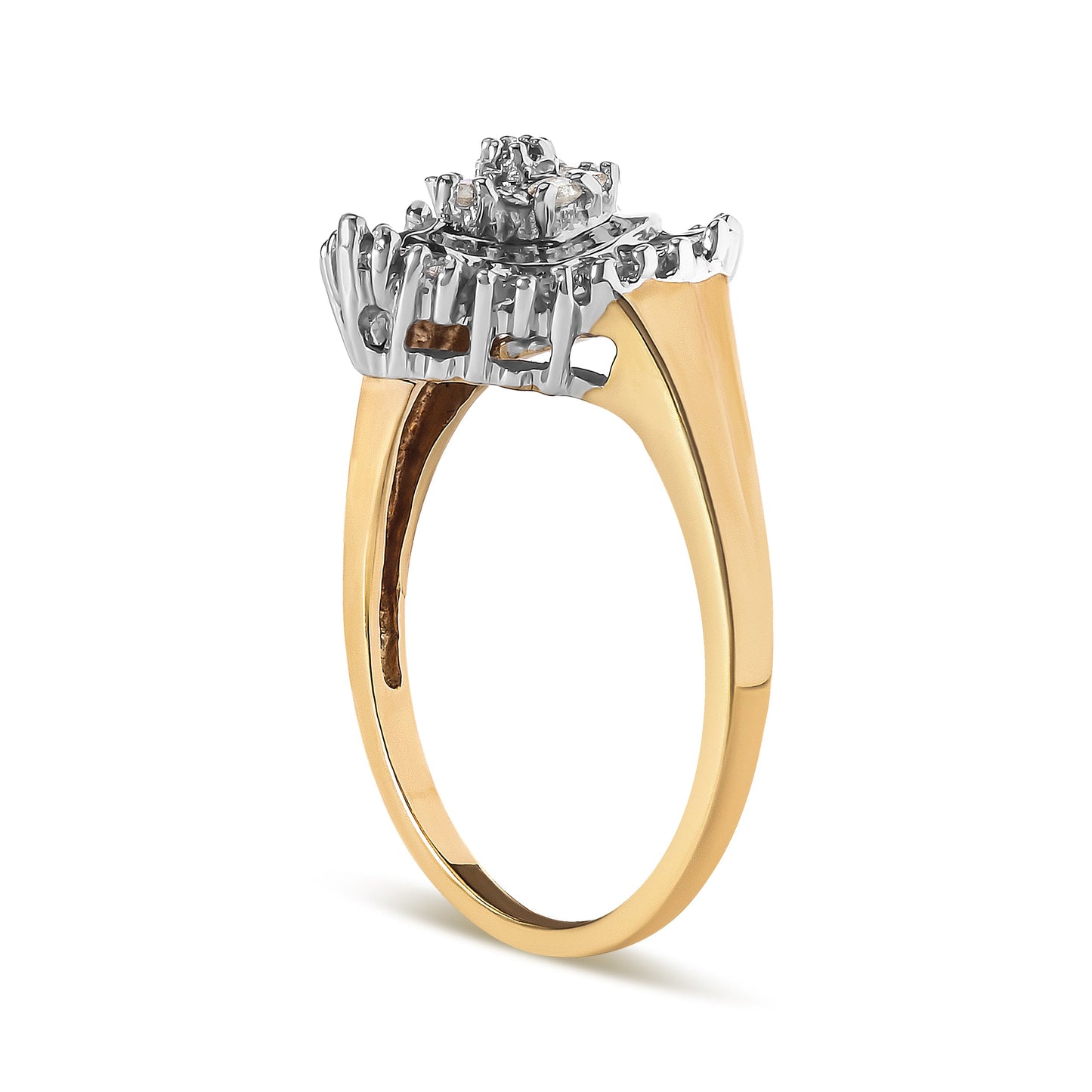 Anillo de oro amarillo de 10K con forma de corazón de 1/4 quilates en corte redondo y baguette (color H-I, claridad I1-I2) - Talla 7