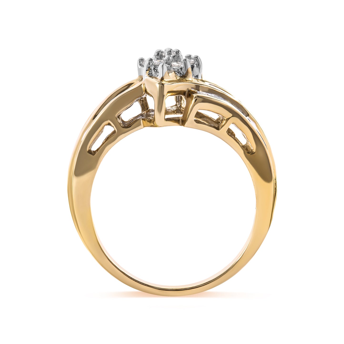 Anillo de oro amarillo de 10 qt con cabeza de racimo de diamantes redondos y talla baguette de 1/2 quilate de peso total y montura con engaste de canal (color H-I, claridad I1-I2) - Talla de anillo 7