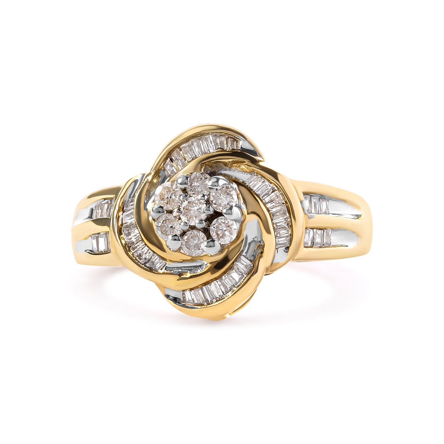 Anillo de cóctel en espiral de flor con diamantes redondos y baguette de 1/2 quilate en oro amarillo de 10 quilates (color I-J, claridad SI2-I1) - Talla 7