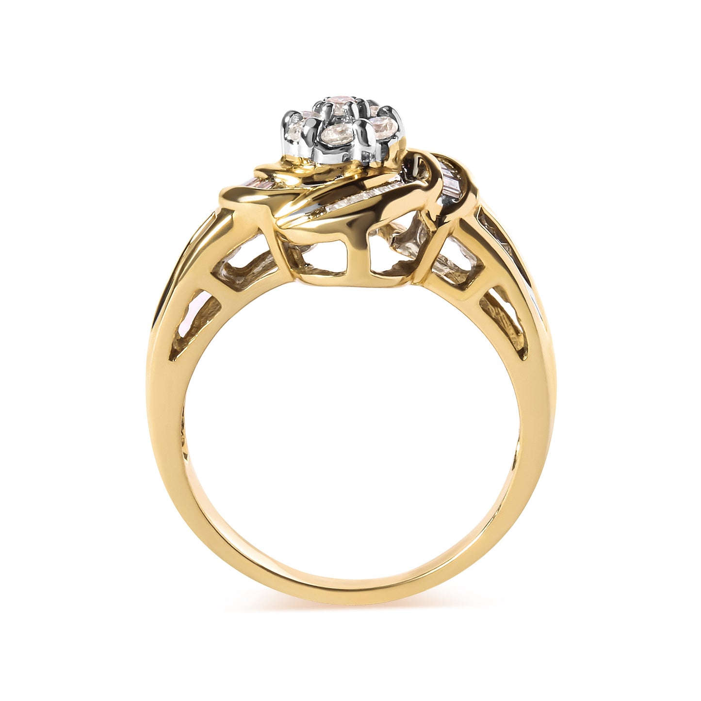 Anillo de cóctel en espiral de flor con diamantes redondos y baguette de 1/2 quilate en oro amarillo de 10 quilates (color I-J, claridad SI2-I1) - Talla 7