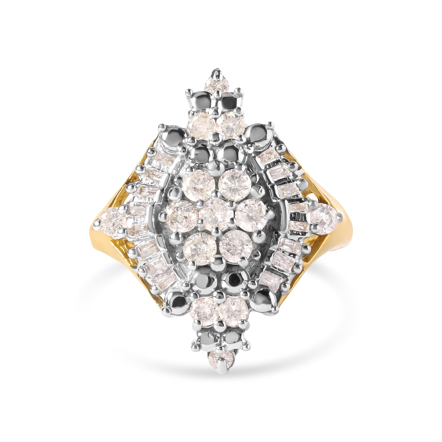 Anillo de oro amarillo de 10K con racimo de diamantes redondos y de talla baguette de 1 quilate de peso total y halo de rombos (color H-I, claridad I1-I2) - Talla 7