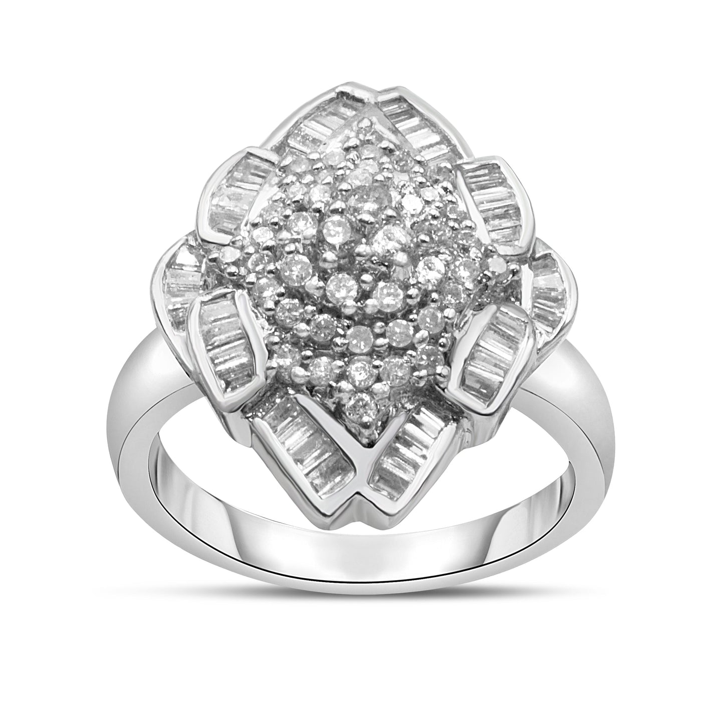 Anillo de racimo de diamantes redondos y talla baguette de oro blanco de 14K y 7/8 ct (color H-I, claridad SI2-I1) - Talla 7