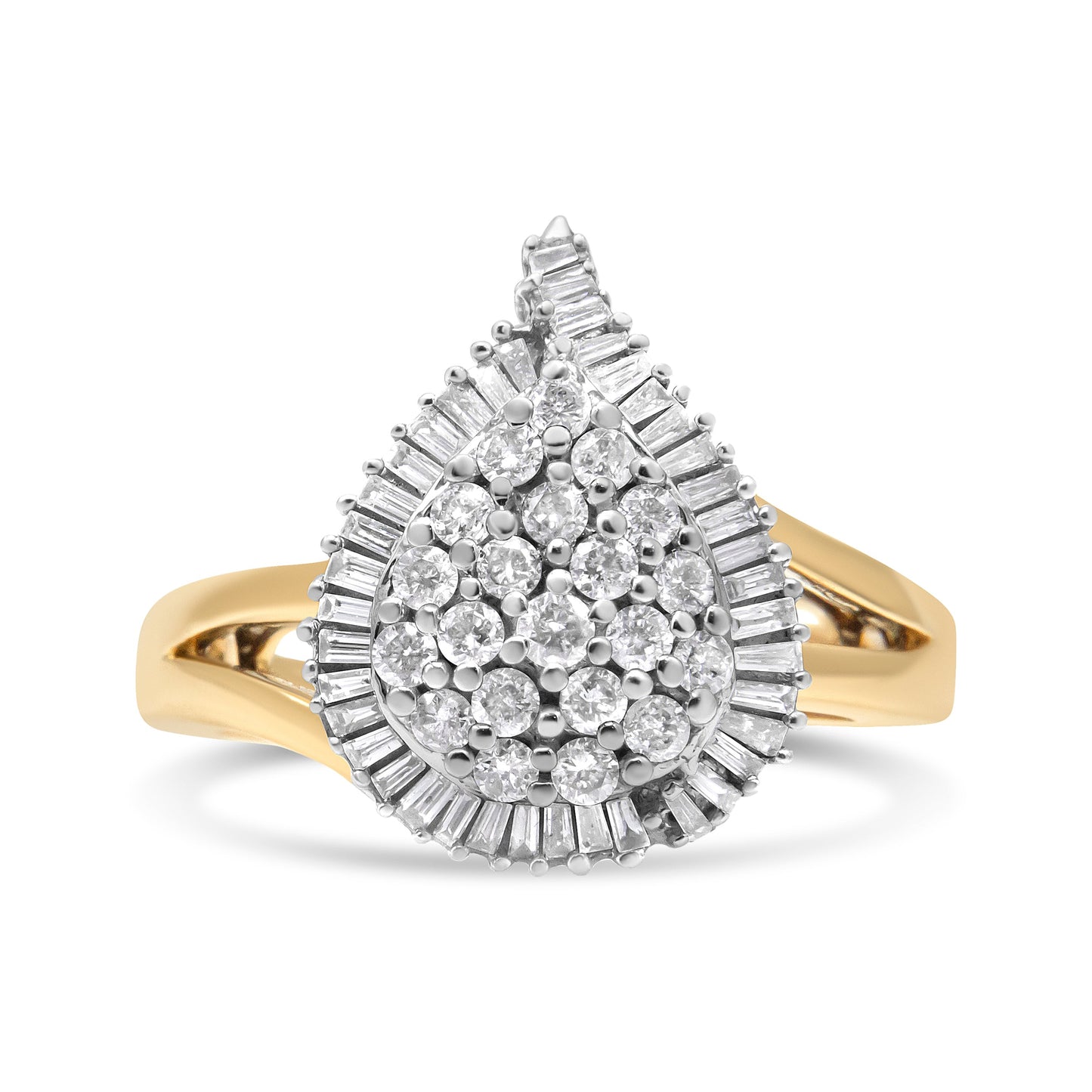 Anillo de cóctel estilo bailarina de oro blanco y amarillo de 14 quilates con diamantes redondos y talla baguette de 1,00 quilates en total (color H-I, claridad SI2-I1)