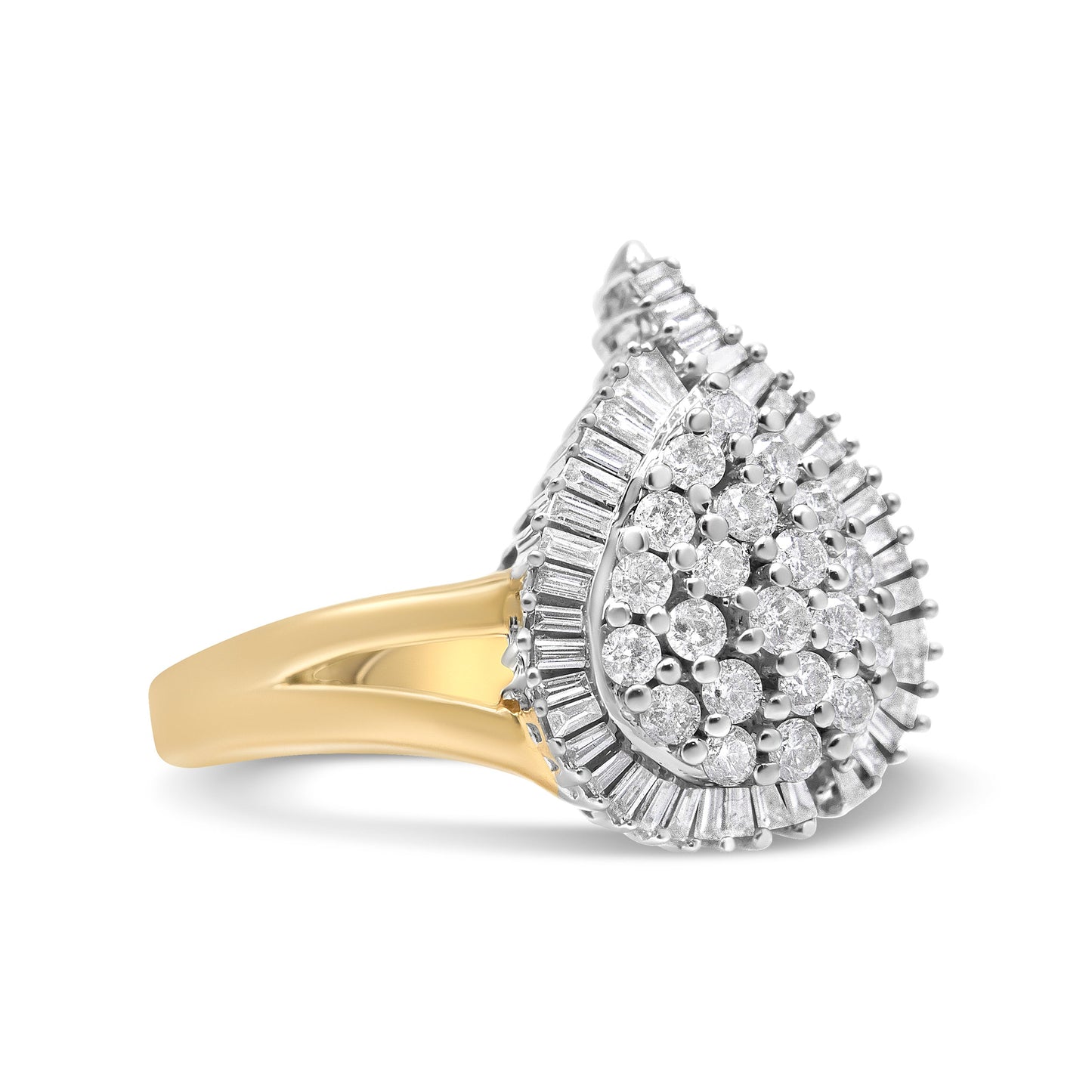 Anillo de cóctel estilo bailarina de oro blanco y amarillo de 14 quilates con diamantes redondos y talla baguette de 1,00 quilates en total (color H-I, claridad SI2-I1)