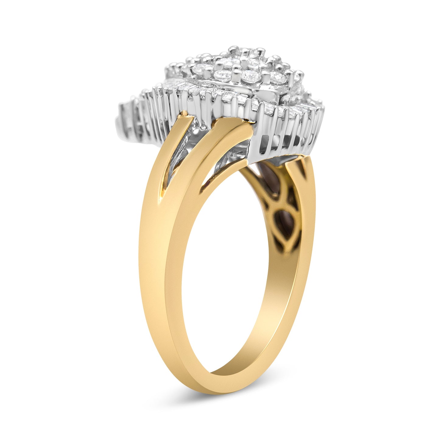 Anillo de cóctel estilo bailarina de oro blanco y amarillo de 14 quilates con diamantes redondos y talla baguette de 1,00 quilates en total (color H-I, claridad SI2-I1)